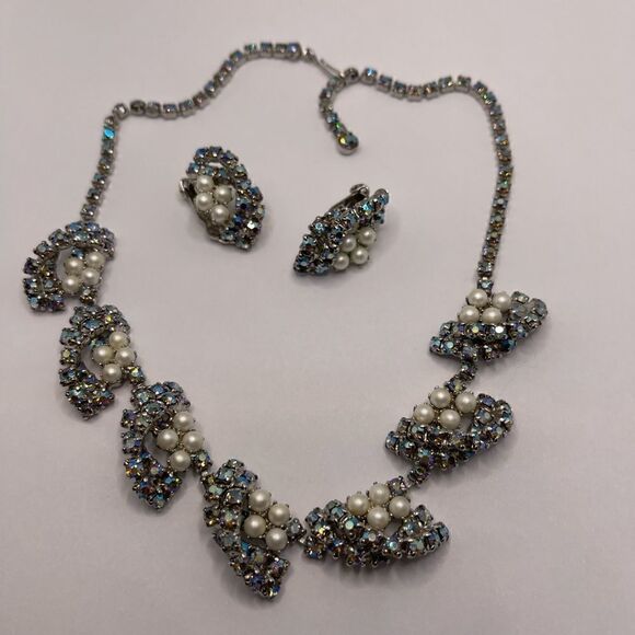 Vintage Jewelry - Vintage set aurora borealis and faux pearls necklace earrings